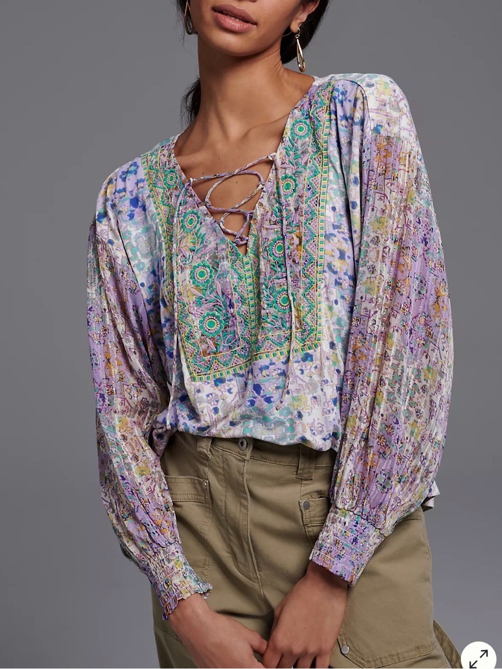 Anthropologie Odetta Embroidered Top Women’s L Lavender Multi Boho Seen On TV